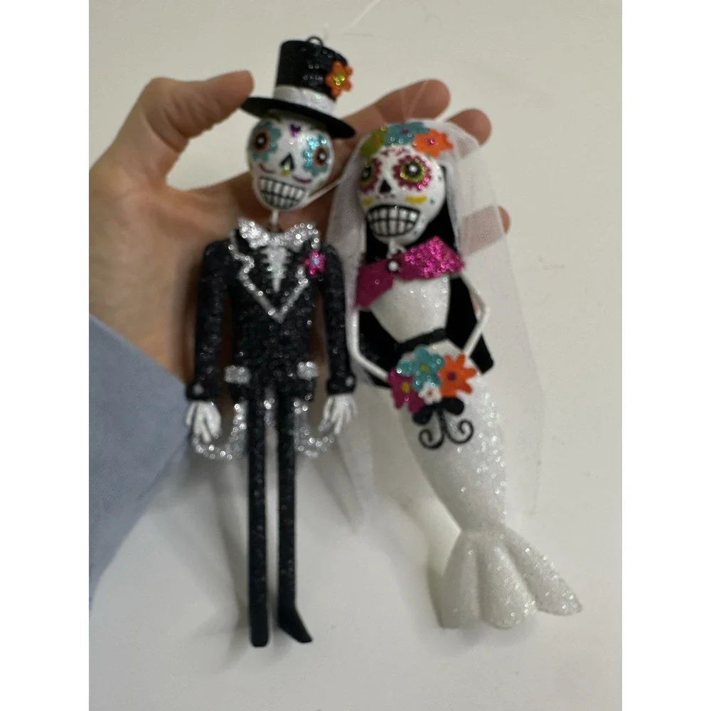 Pier 1 Day Of The Dead Bride Groom Ornaments Skeleton Glitter Sugar Skull Metal